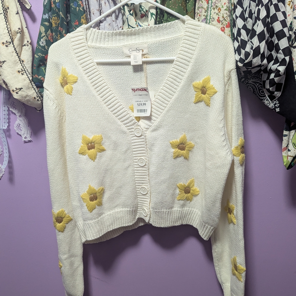 White and Yellow Floral Cropped Sweater